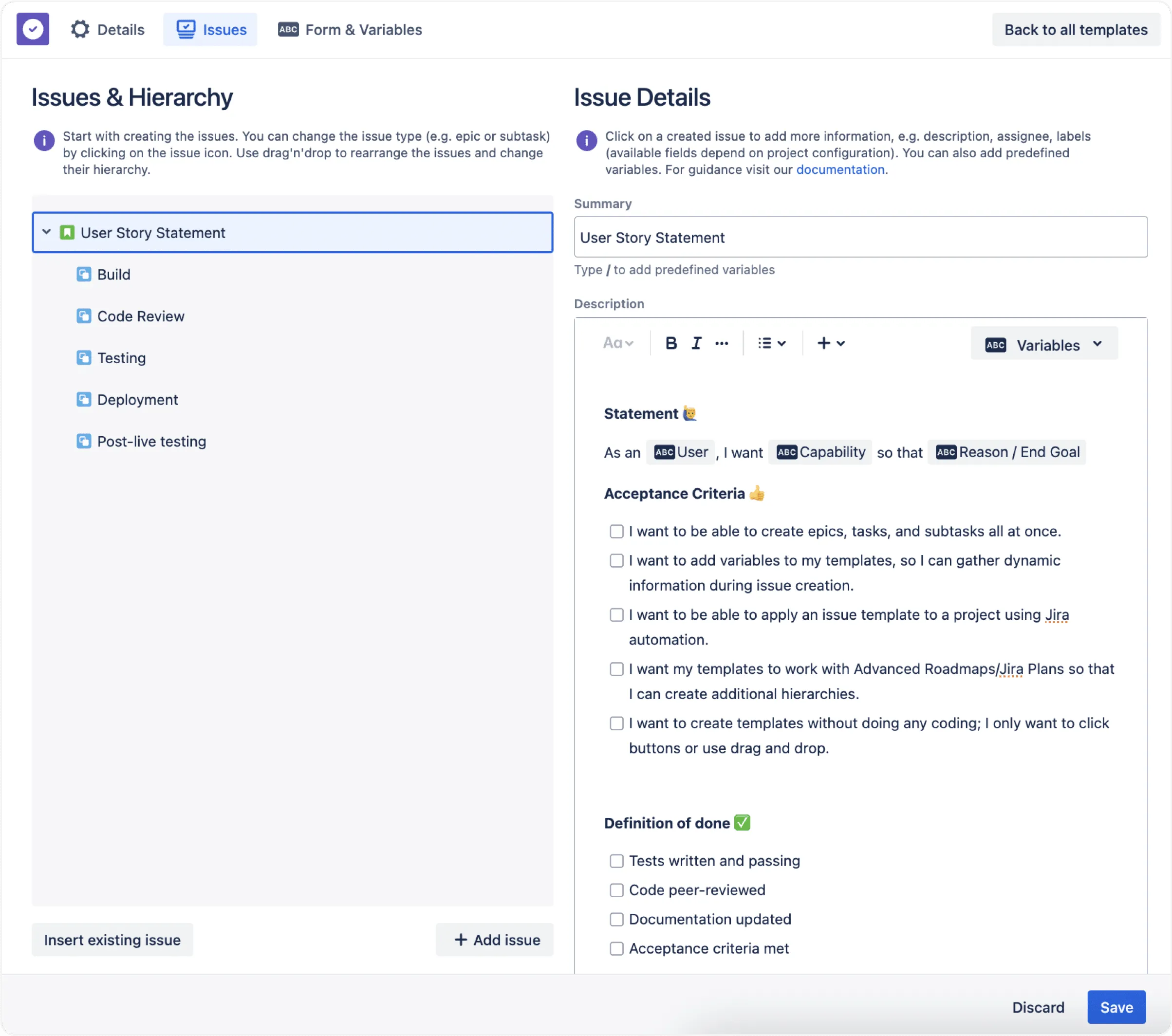 Editing Jira User Story Template in Templating.app