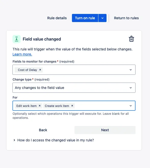 Screenshot of a Jira automation rule that's triggered when "Cost of Delay" changes.