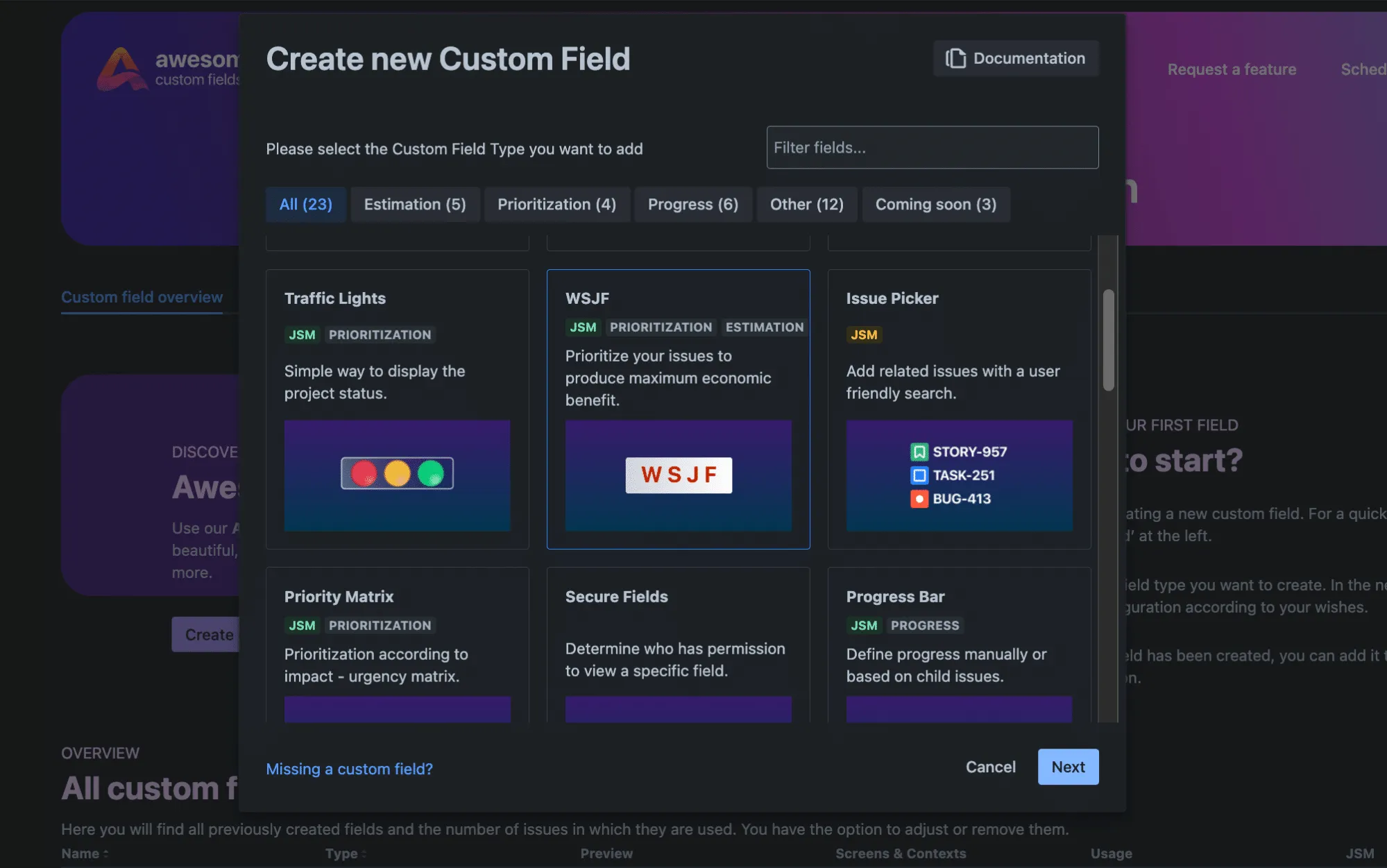 List of available custom fields in Awesome Custom Fields for Jira Cloud.