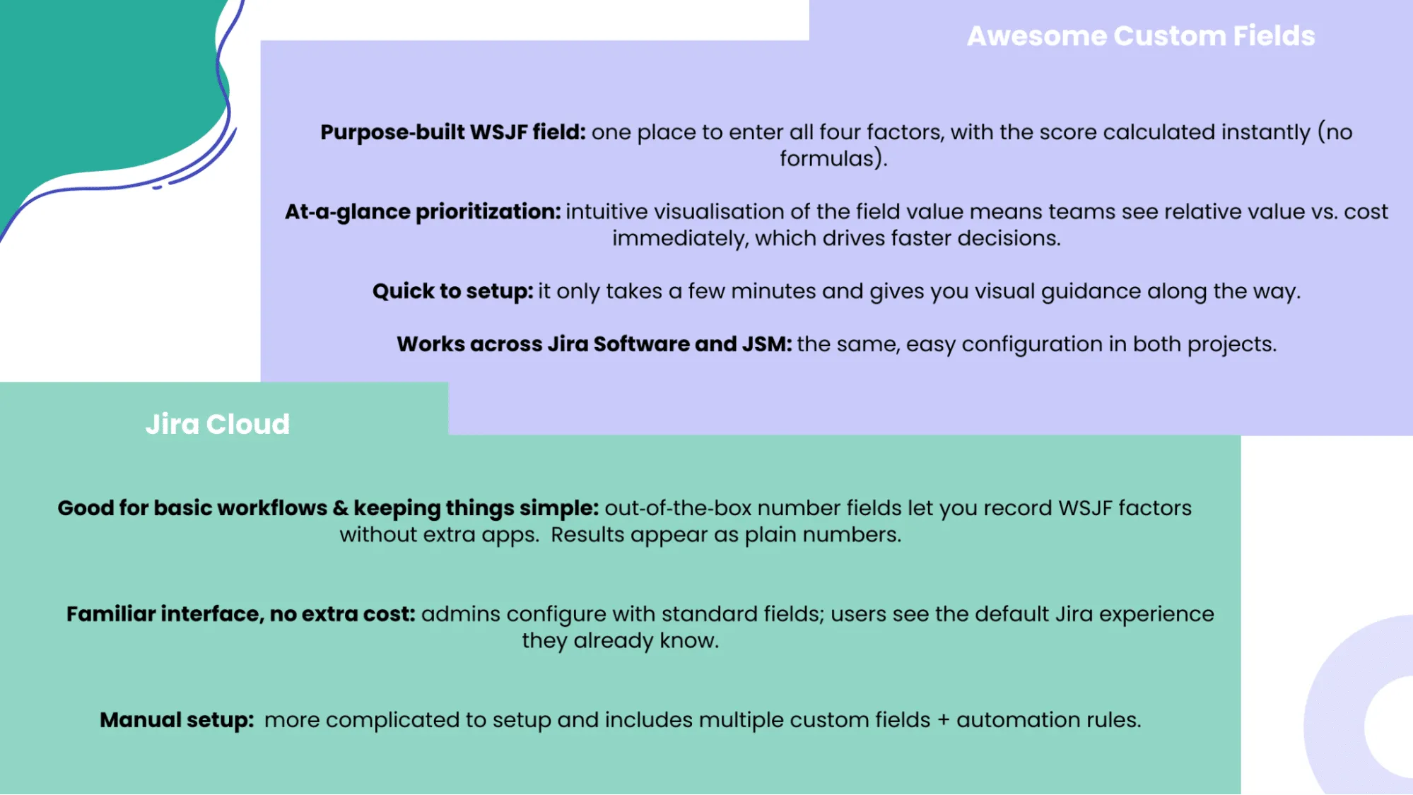 A screenshot comparing using Awesome Custom Fields for WSJF to using native features in Jira Cloud, summarizing the most important aspects of each.