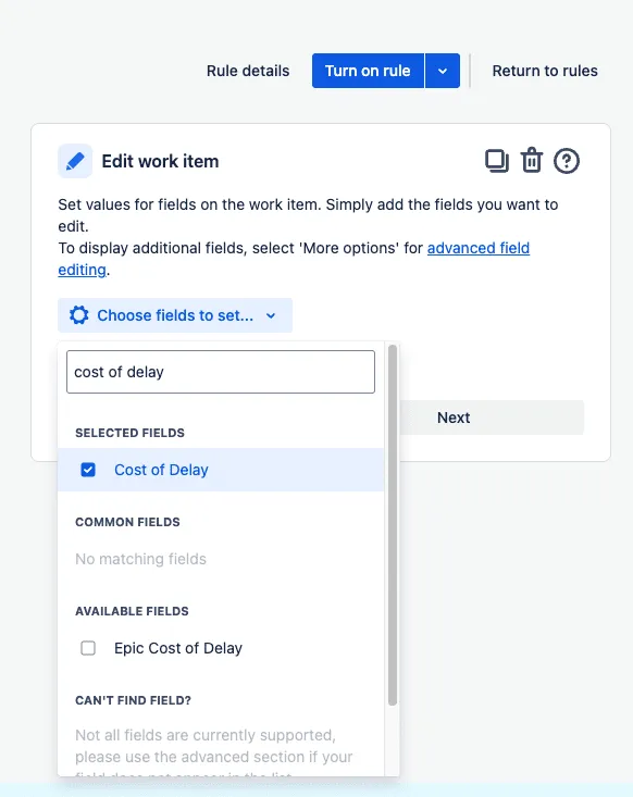 Screenshot of a Jira automation rule in which the field "Cost of Delay" is selected to be edited.