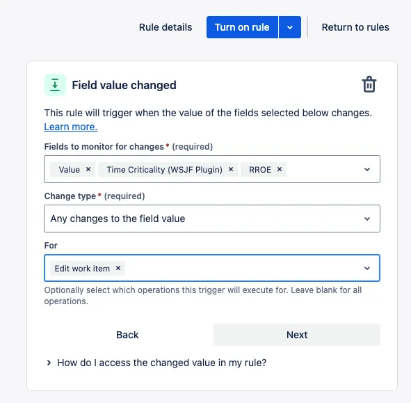 Screenshot a Jira automation rule that's triggered when “Value,” “Criticality,” or “RR OE” changes.