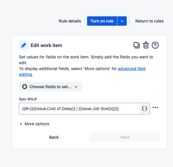 Screenshot of a Jira automation rule for a WSJF field.