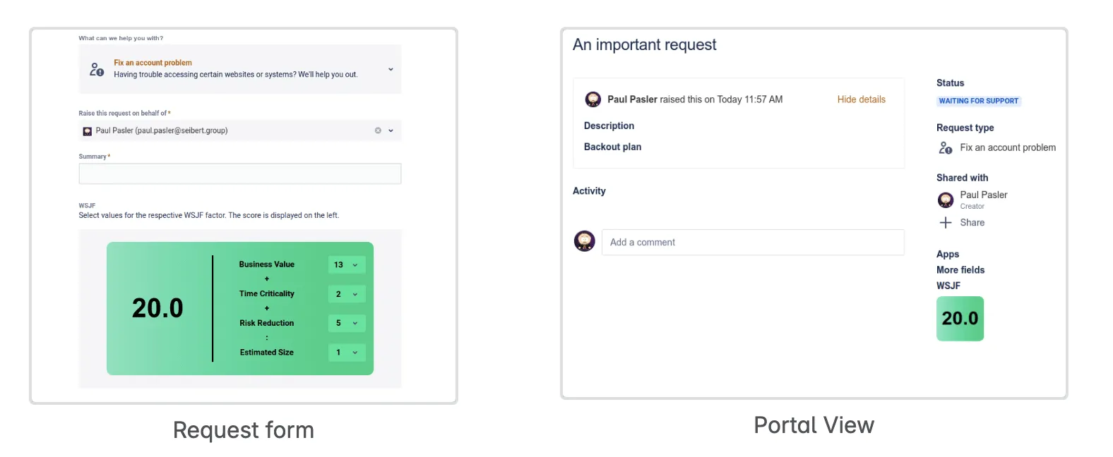 Screenshot showing the WSJF field in both request form and in portal view in Jira Service Management.
