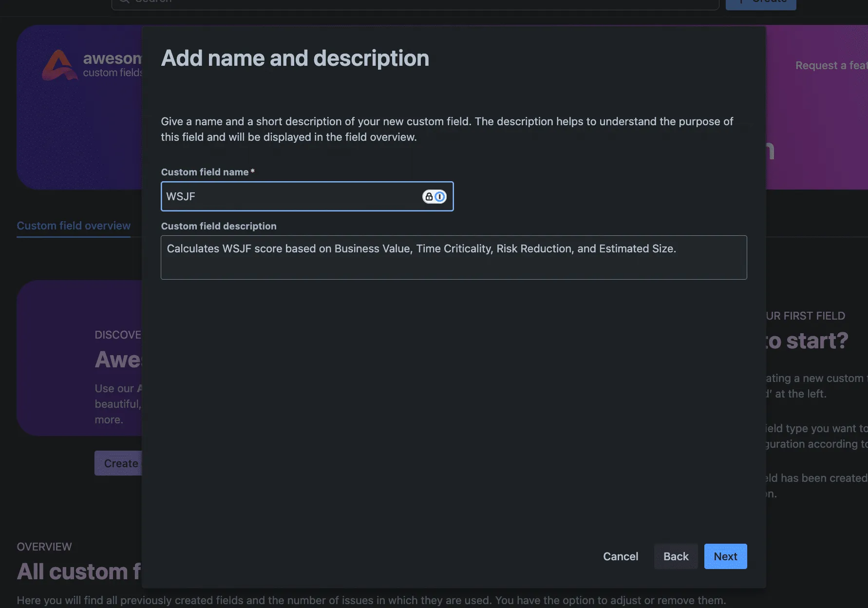 Screenshot from the first step of the configuration process of a custom field in Awesome Custom Fields for Jira Cloud.