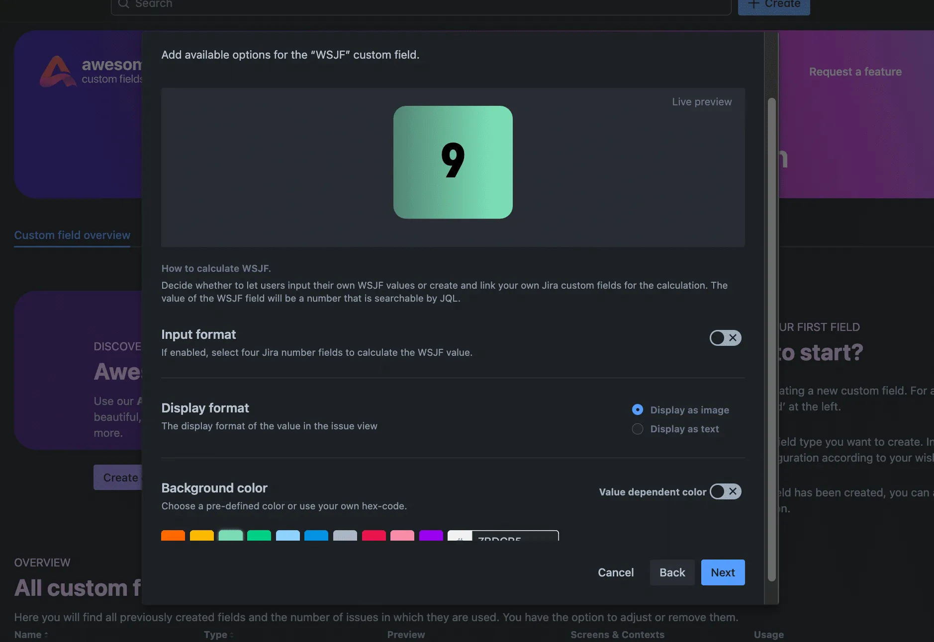Screenshot showing the configuration options for a custom WSFJ field in Awesome Custom Fields for Jira Cloud.