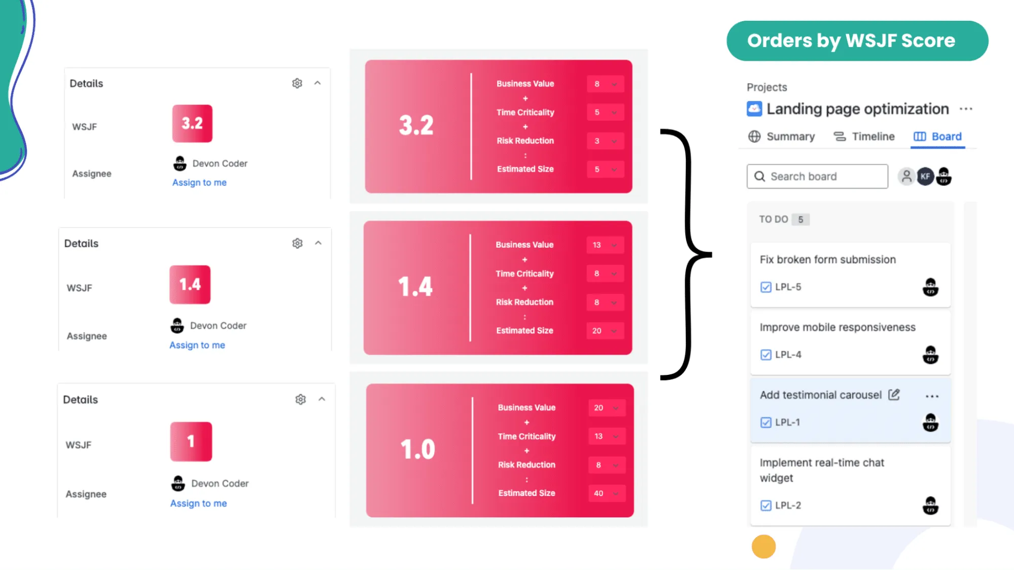 Screenshot showing three Jira issues which are scored with the WSJF method. It indicates that the WSJF values are low in all three issues.