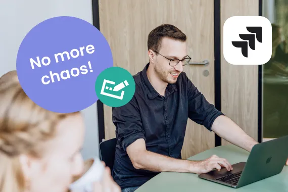 A smiling man working on a laptop in a meeting next to the Jira logo and a "No more chaos!" badge