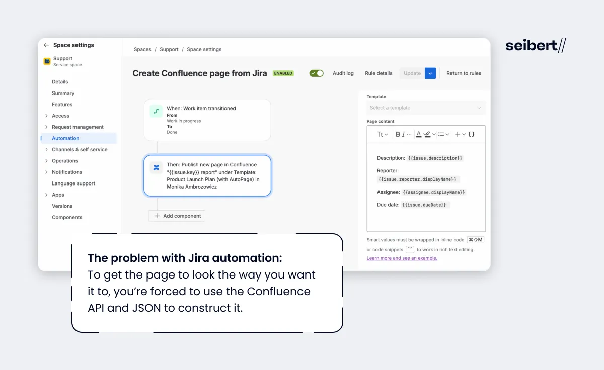 Jira automation rule creating a Confluence page from incident data