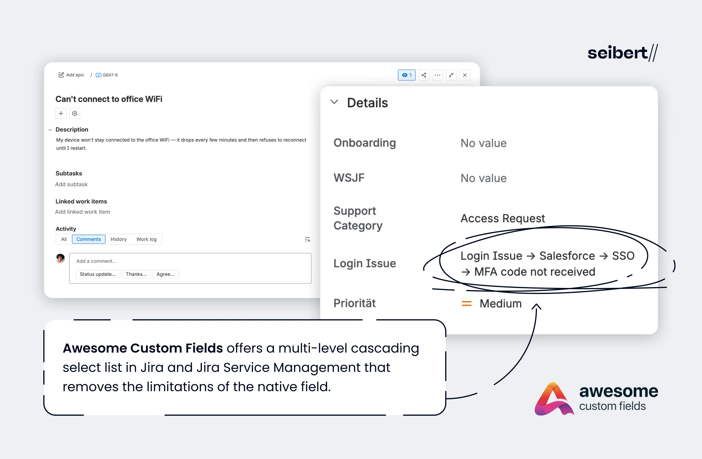 A multi-level cascading select field on a Jira work item, with one dropdown per hierarchy level