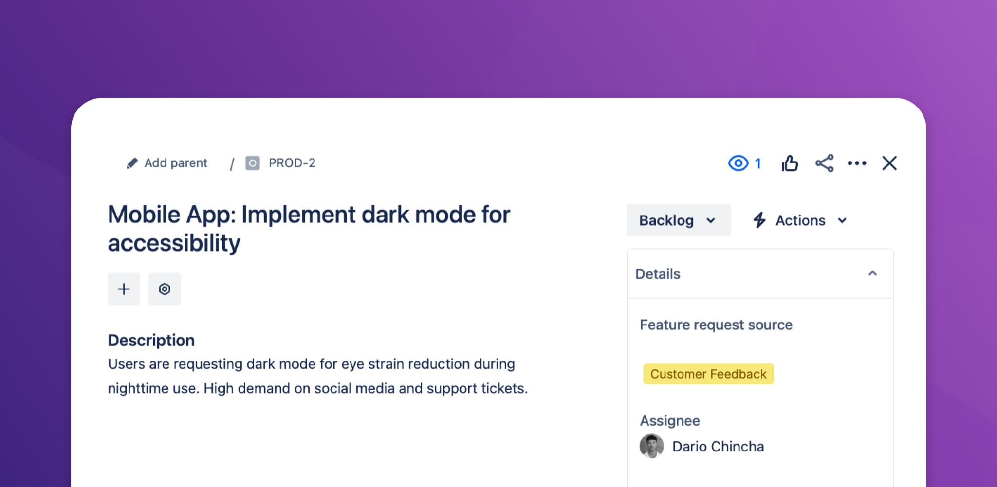 A Jira work item for a dark mode feature request with a yellow Customer Feedback label in the Feature request source field