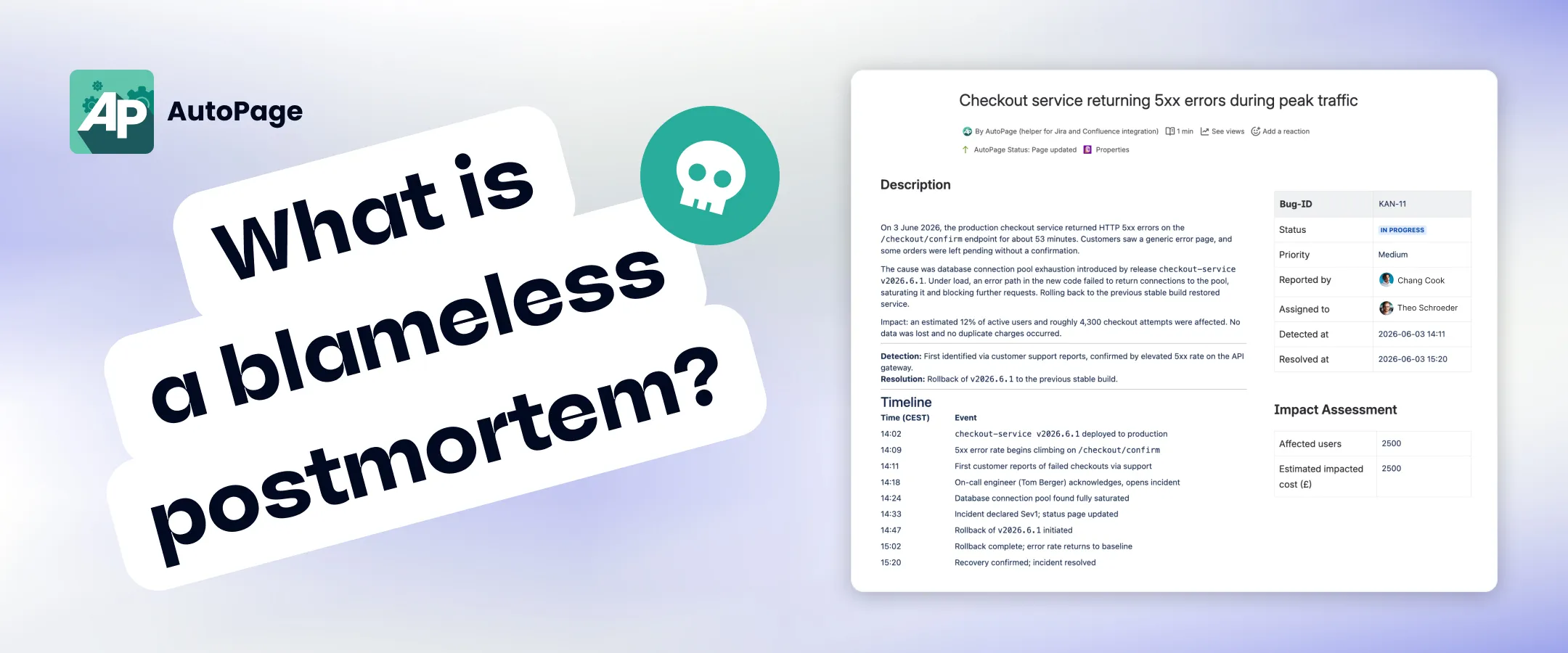 Incident postmortem page in Confluence with description, timeline, and impact assessment, next to the AutoPage logo