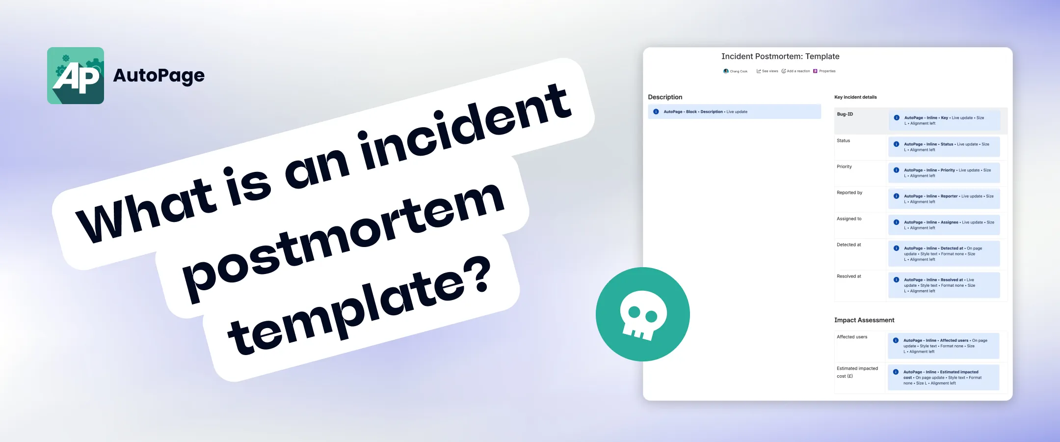 Confluence incident postmortem template with AutoPage macros next to the AutoPage logo