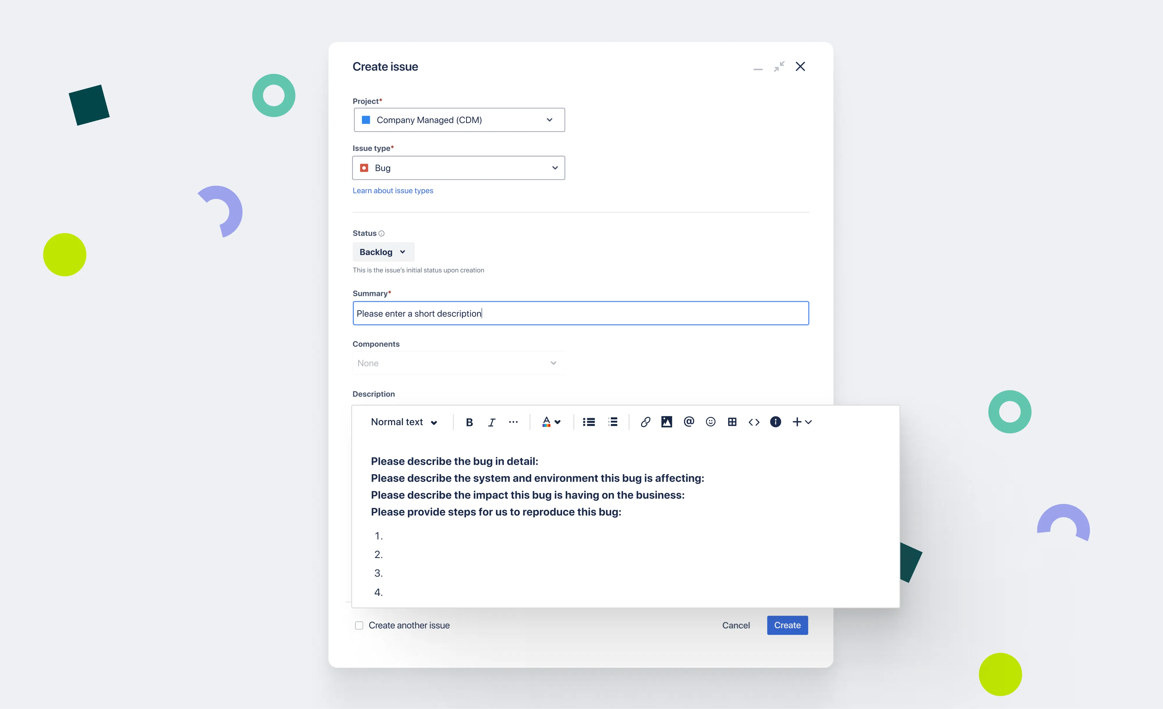 Jira create issue screen with a bug report description template that prompts for details, affected systems, business impact, and steps to reproduce
