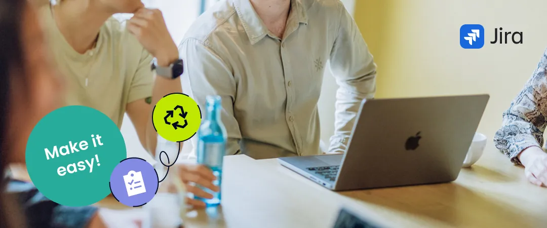 Colleagues meeting around a table with a laptop next to the Jira logo and a "Make it easy!" badge