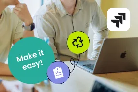 Colleagues meeting around a table with a laptop next to the Jira logo and a "Make it easy!" badge