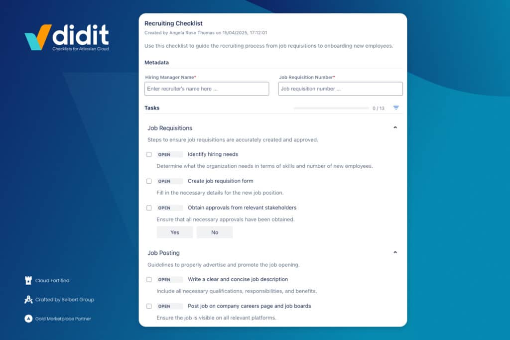 Didit checklists for recruitment in Jira