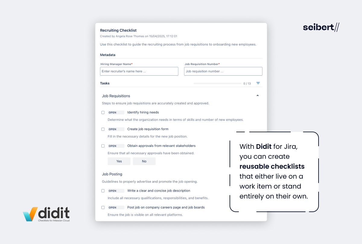 Didit recruiting checklist in Jira with required metadata fields and open tasks for job requisitions and job posting, including a yes/no approval step