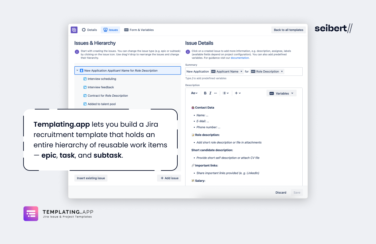 Templating.app recruitment template in Jira with a New Application epic and subtasks for interview scheduling, interview feedback, contract, and talent pool