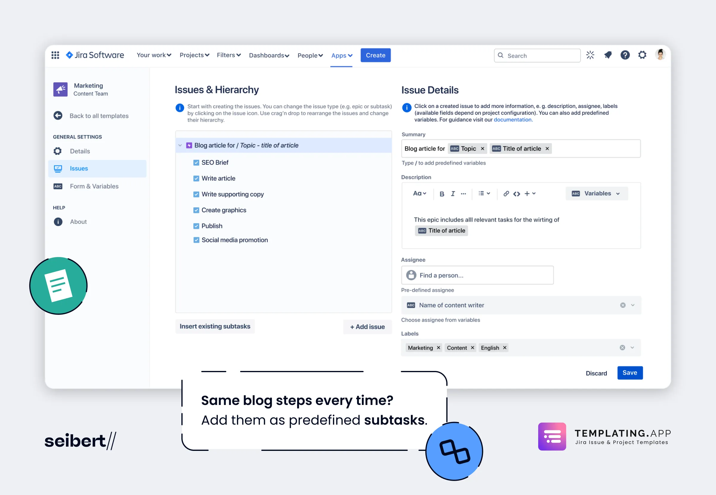 A Jira task for a new blog article with predefined subtasks added from a subtask template