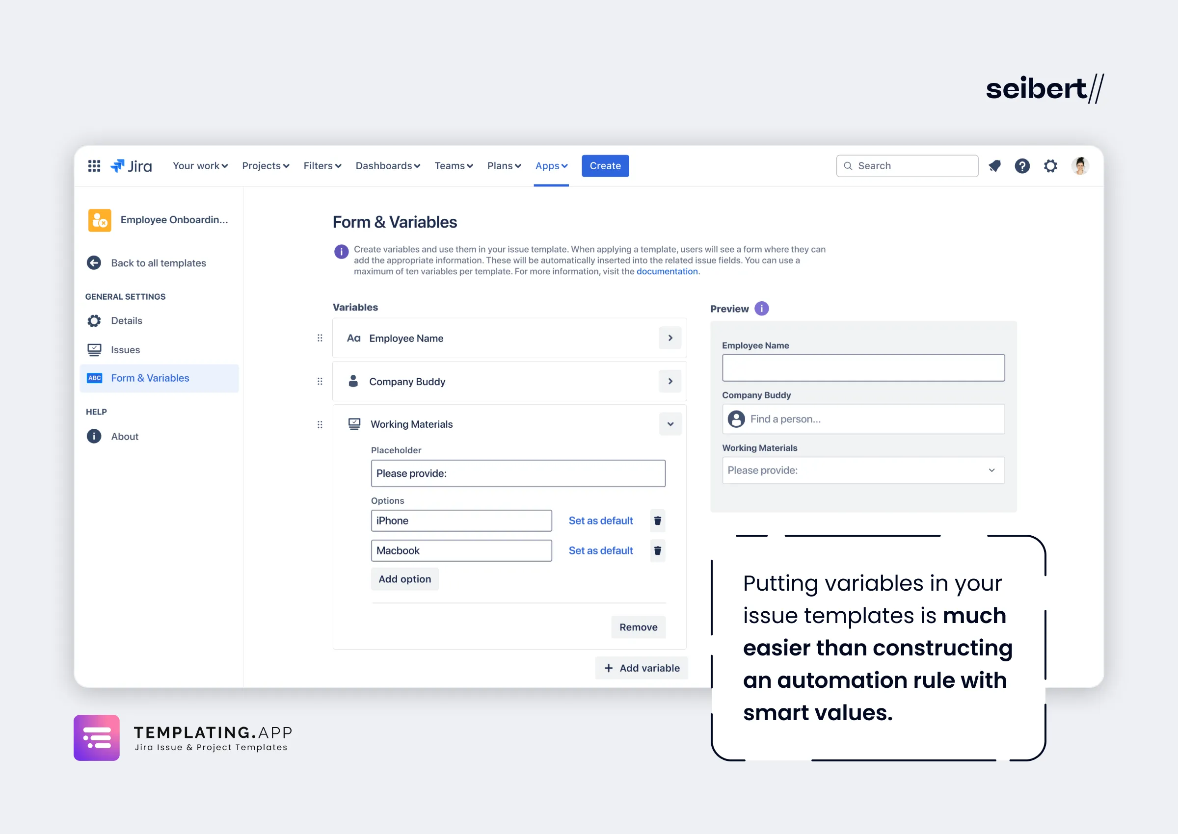 Templating.app’s Form & Variables settings for an employee onboarding issue template, with a form preview