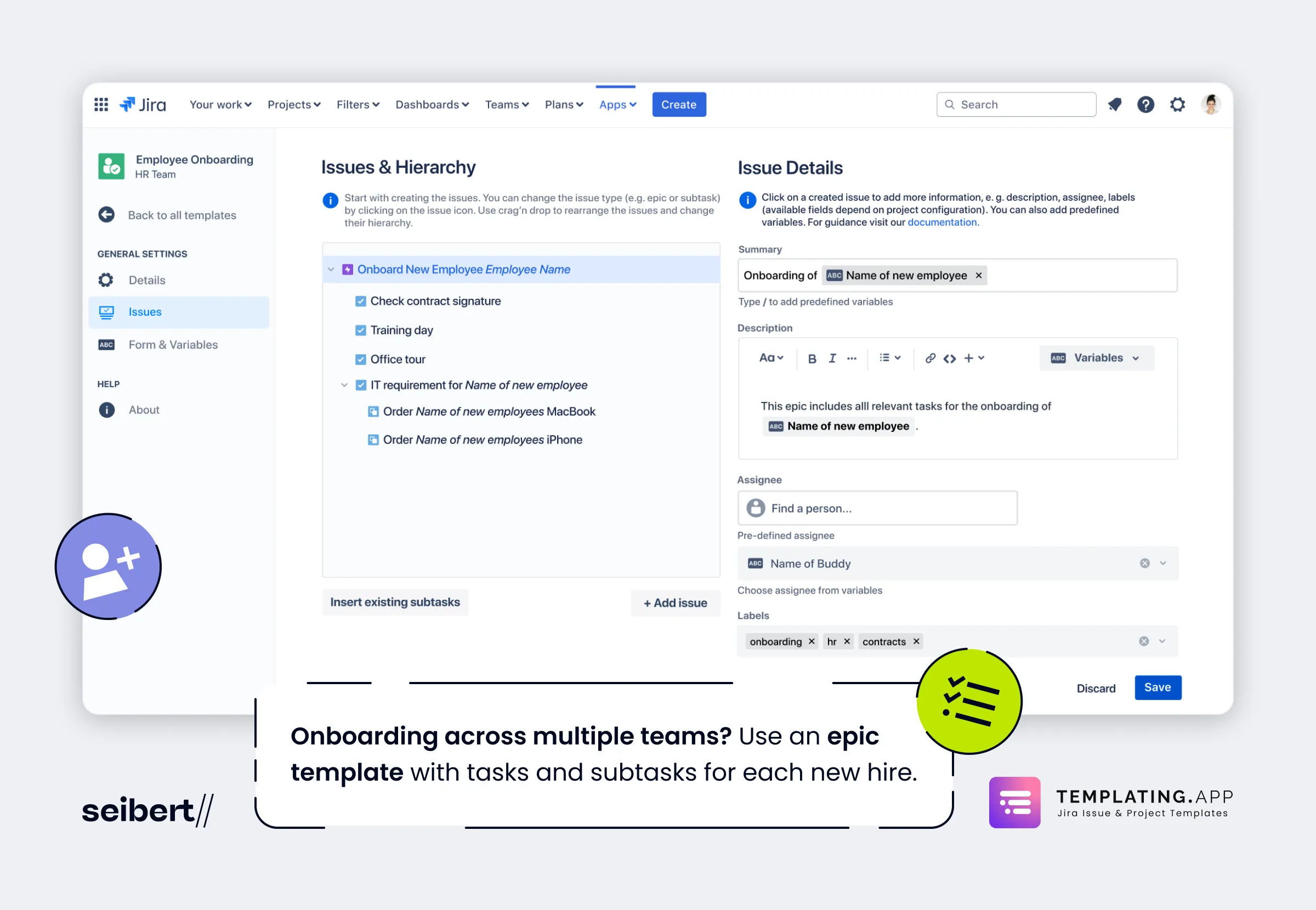 An employee onboarding epic template with child tasks and subtasks in Templating.app