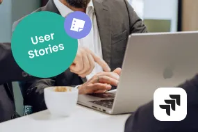 Two colleagues pointing at a laptop screen next to the Jira logo and a "User Stories" badge