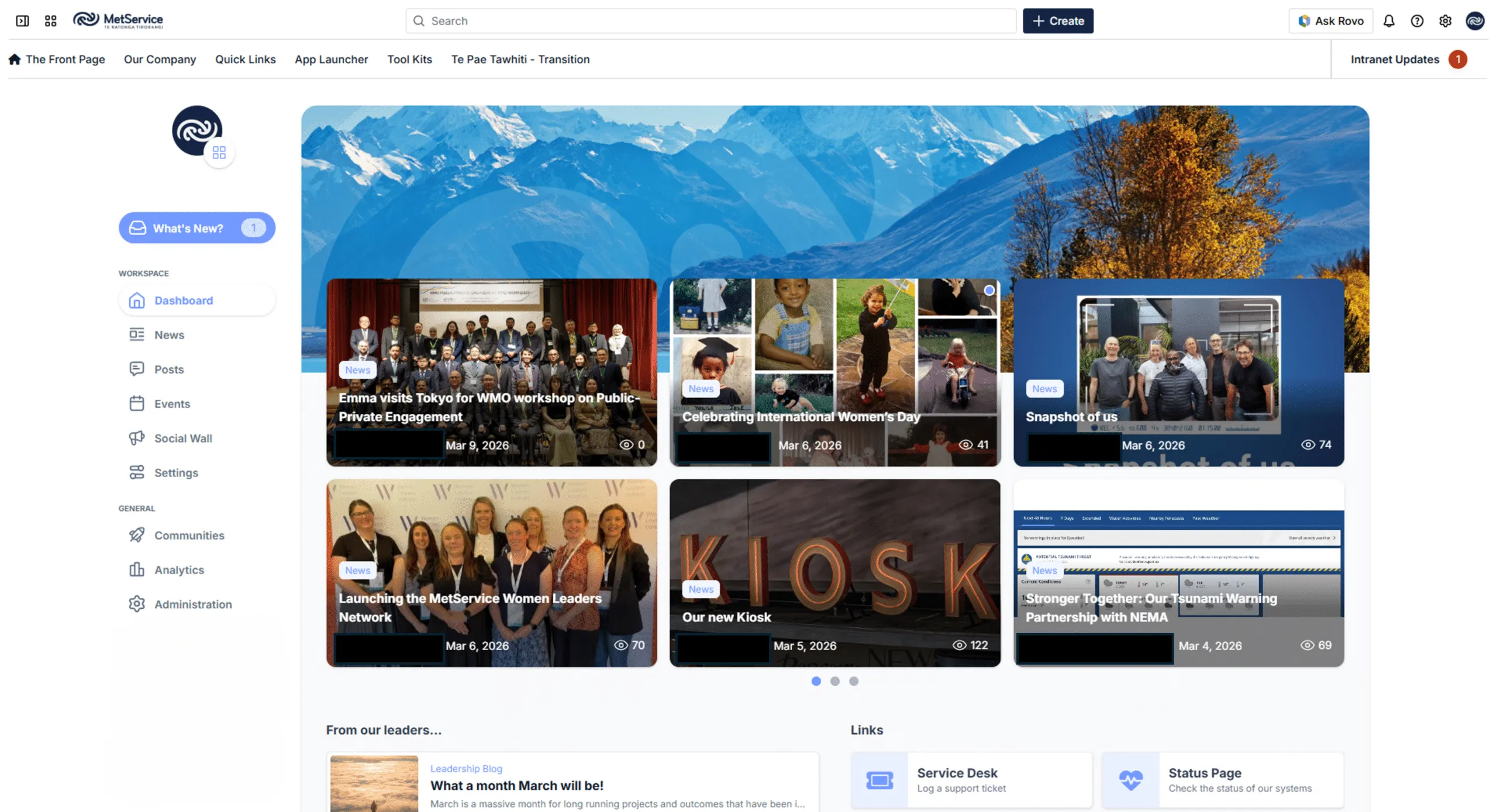 MetService intranet built with Mantra for Confluence — showing a news dashboard with company updates, events, and navigation