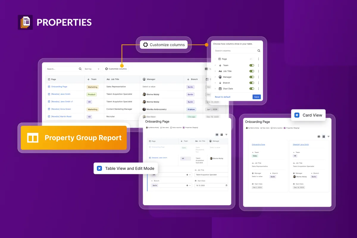 A Properties group report shown as a filterable table and as cards, with the column picker open