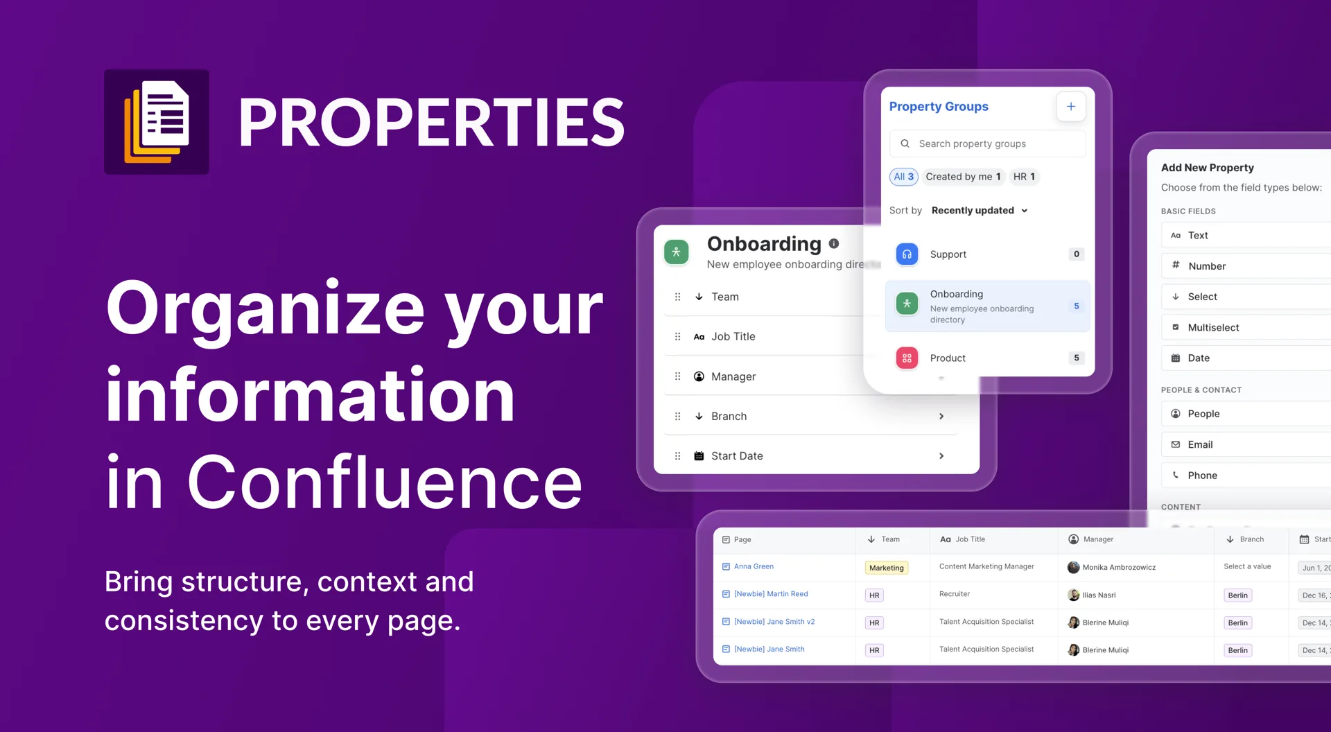 Properties for Confluence property groups and reports shown in a purple app overview graphic