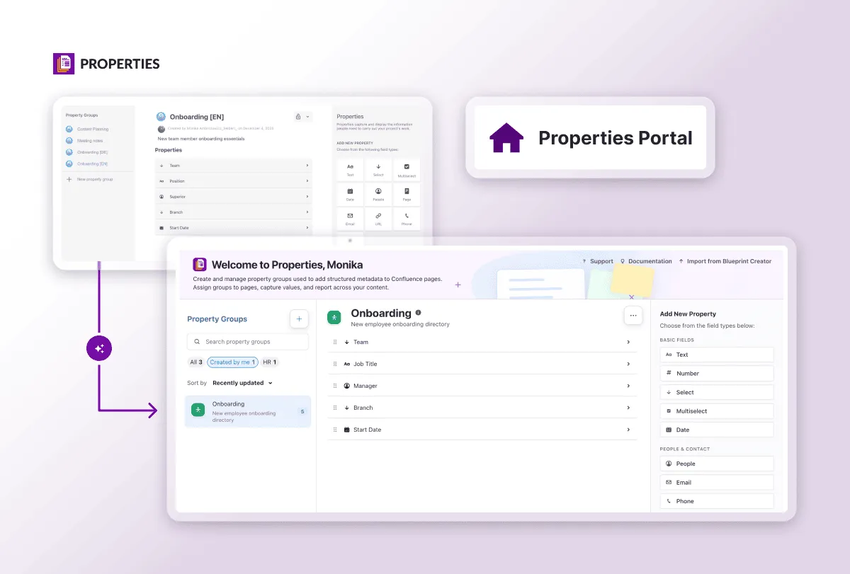 Before and after comparison of the Properties portal, from a sidebar panel to a clean modal titled Welcome to Properties