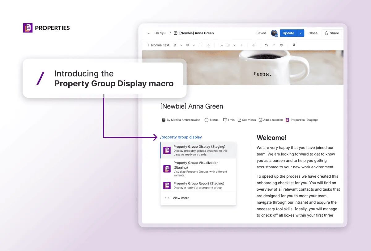 Confluence slash command menu introducing the new Property Group Display macro