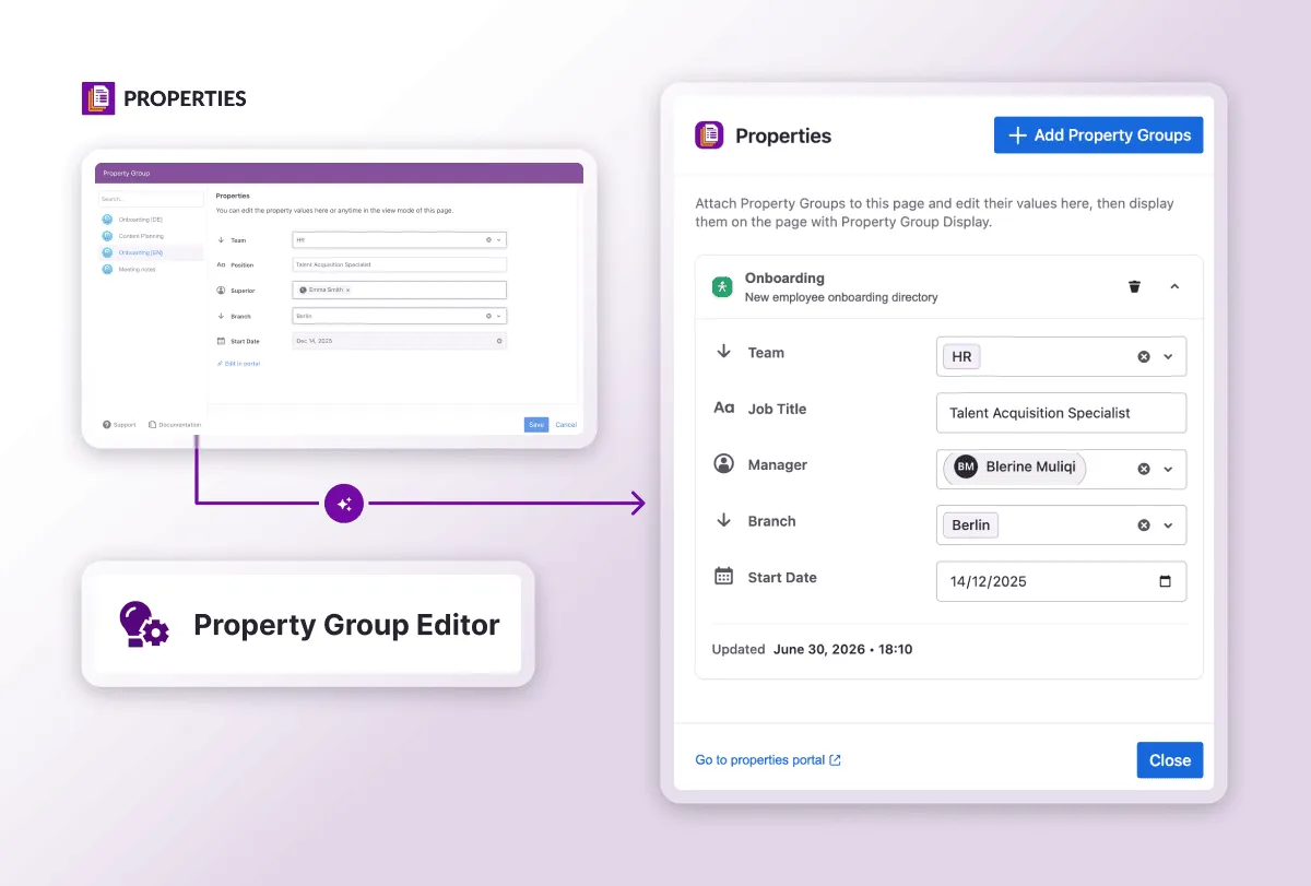 Before and after comparison of the Property Group Editor, from a small side panel to a full-size Properties panel with editable fields and a link to the properties portal