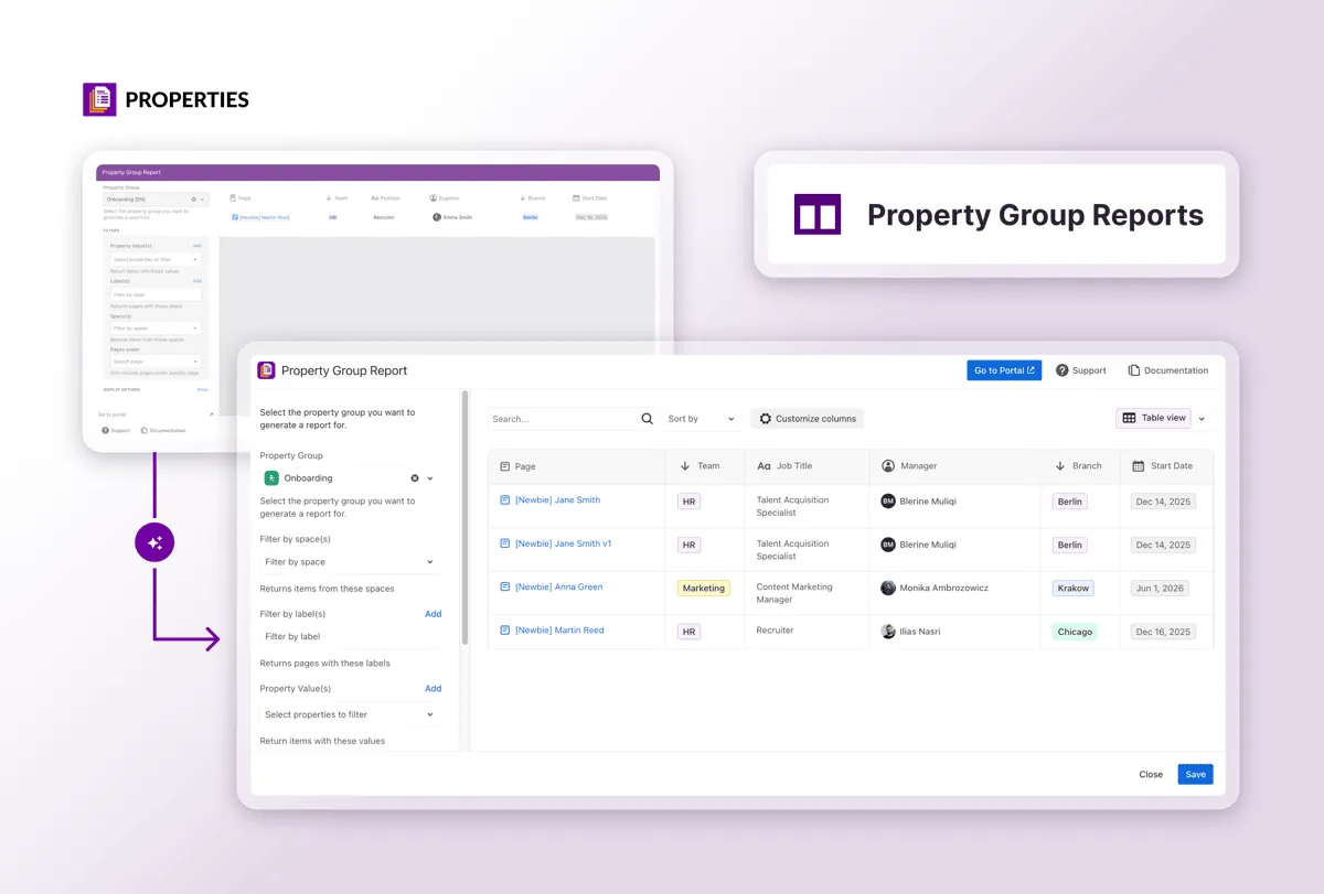 Before and after comparison of the Property Group Report, from a plain filter panel to a full data table with sorting and column customization