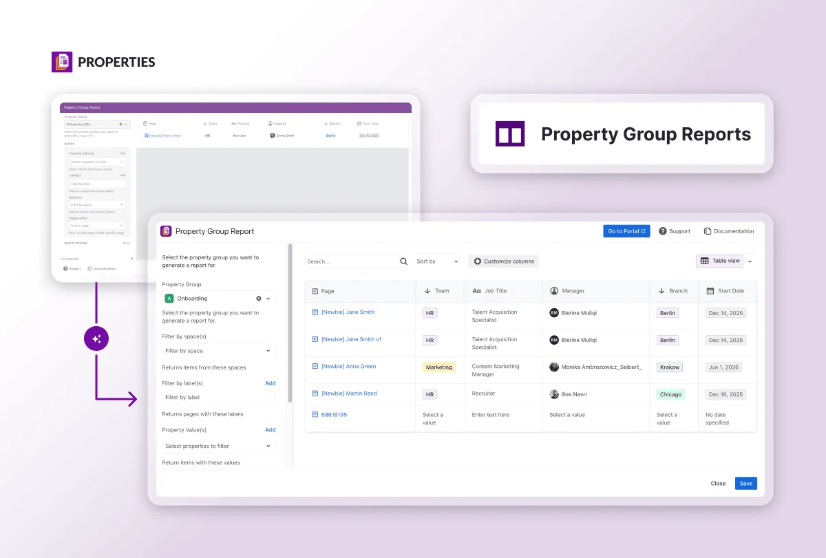 Before and after comparison of the Property Group Report, from a plain filter panel to a full data table with sorting and column customization