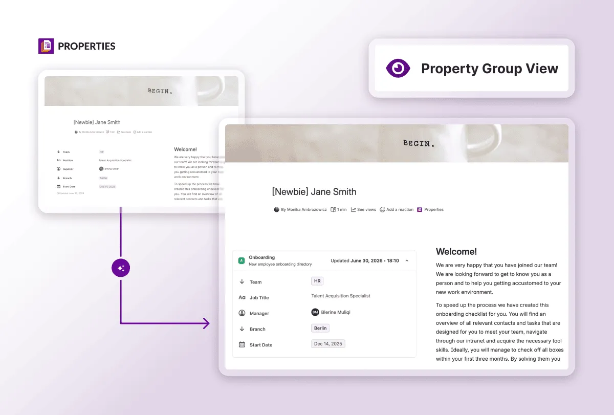 Before and after comparison of a Confluence page showing property fields moving from an inline table under the title to a compact card beside the page content
