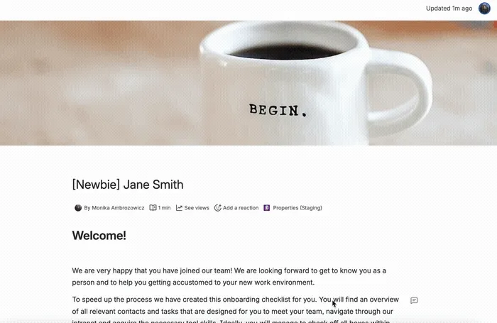 Screen recording of opening the Properties modal from the byline item on a Confluence page