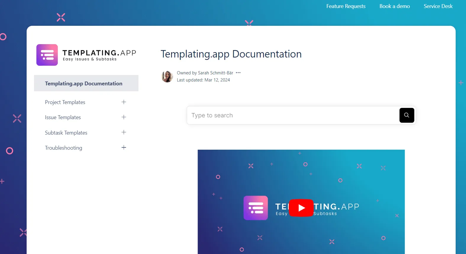Templating.app documentation overview with four main categories