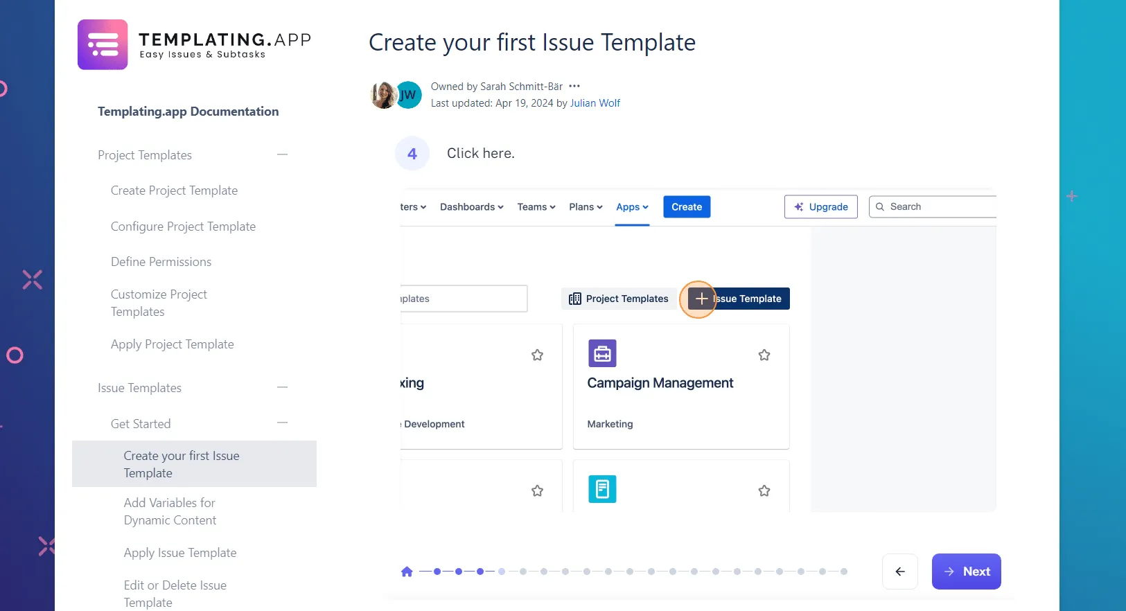 Templating.app documentation page with annotated screenshot slideshow