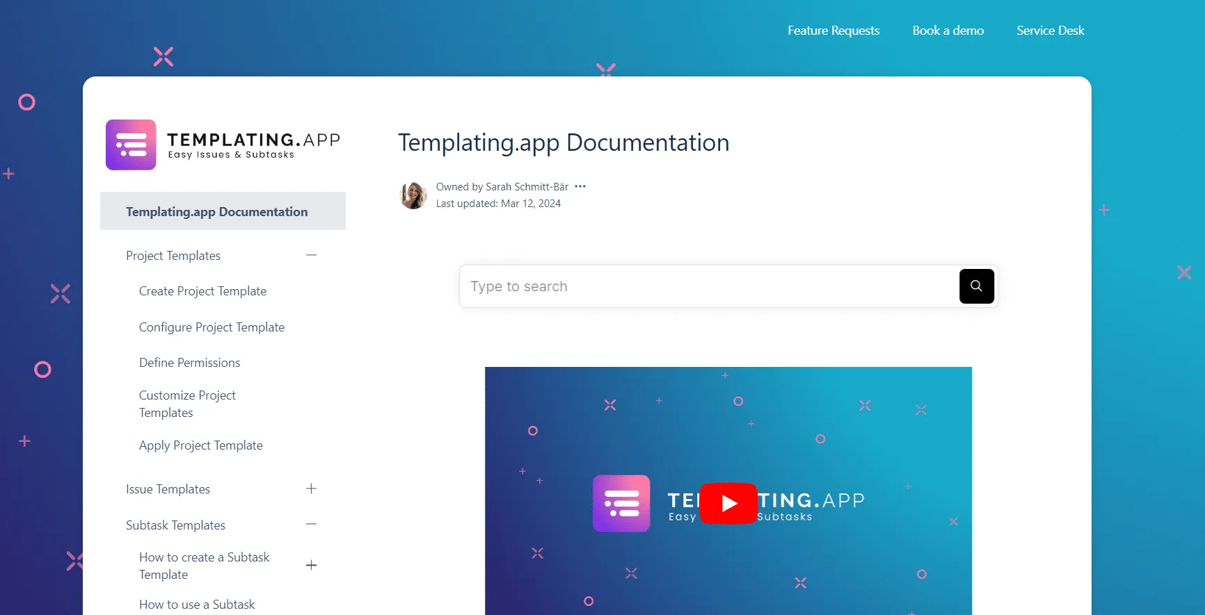 Templating.app documentation page showing an embedded video