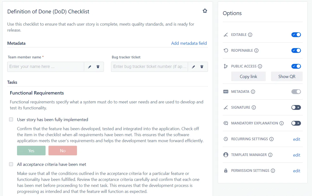 Jira definition of done checklist template
